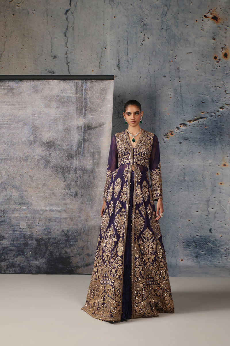 Zar-Rang Purple Jacket Lehenga Set kora silk, net lehenga sets by Niti Bothra in purple for women in Singapore