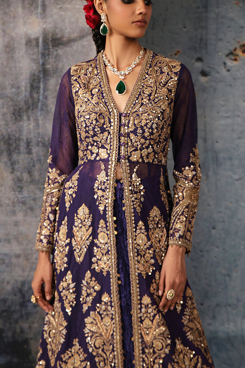 Zar-Rang Purple Jacket Lehenga Set kora silk, net lehenga sets by Niti Bothra in purple for women in Singapore