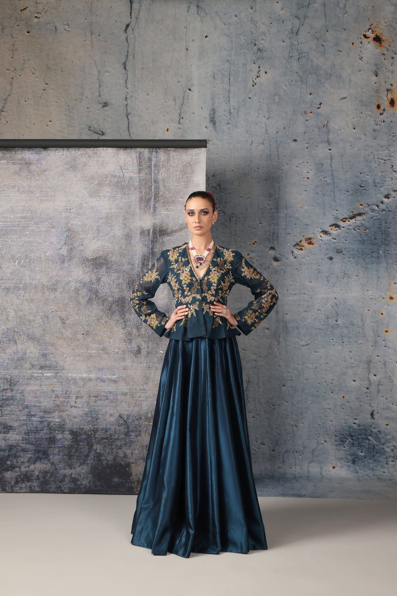 Zeh-Rang Blue Peplum Lehenga Set kora silk, net lehenga sets by Niti Bothra in blue for women in Singapore