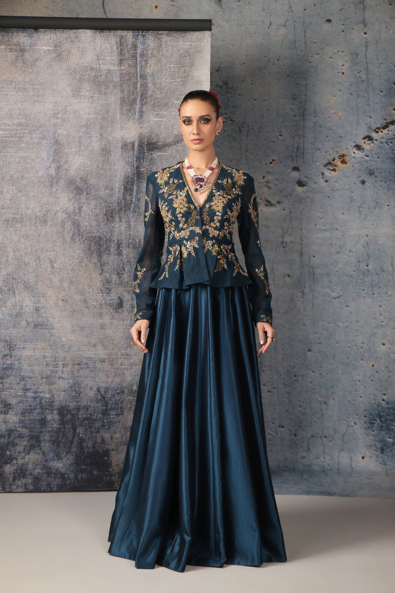 Zeh-Rang Blue Peplum Lehenga Set kora silk, net lehenga sets by Niti Bothra in blue for women in Singapore