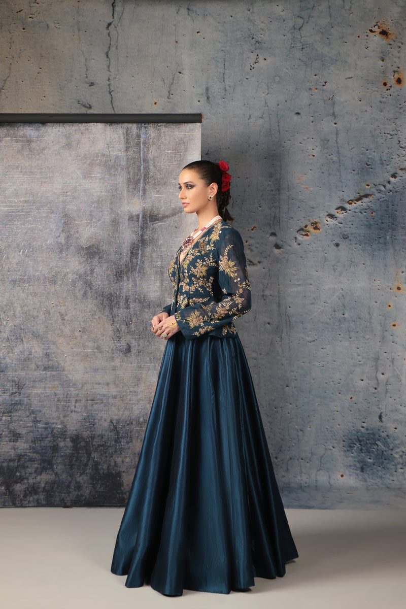 Zeh-Rang Blue Peplum Lehenga Set kora silk, net lehenga sets by Niti Bothra in blue for women in Singapore