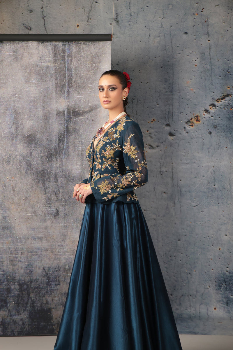 Zeh-Rang Blue Peplum Lehenga Set kora silk, net lehenga sets by Niti Bothra in blue for women in Singapore