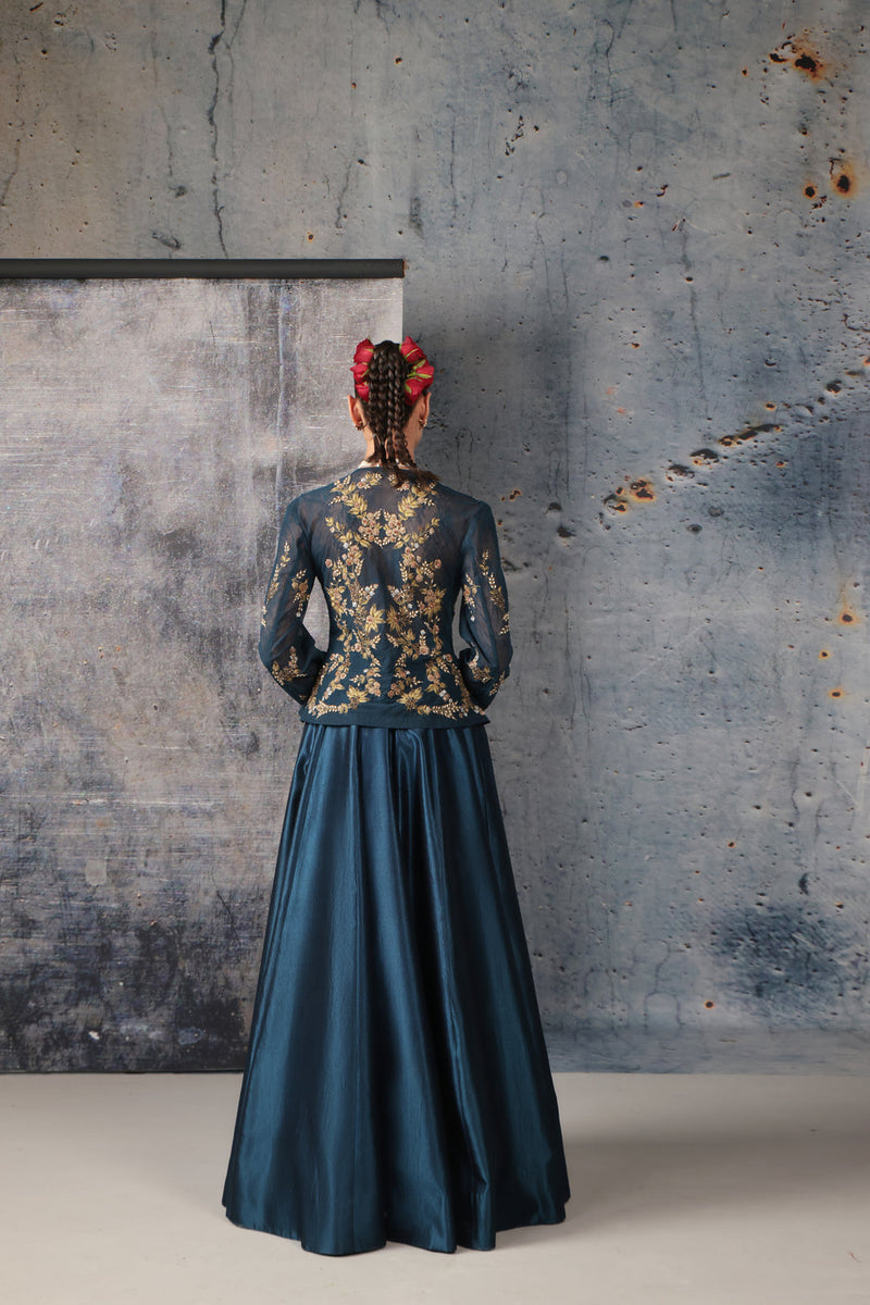 Zeh-Rang Blue Peplum Lehenga Set kora silk, net lehenga sets by Niti Bothra in blue for women in Singapore