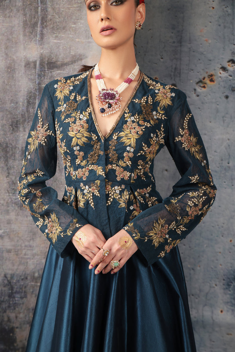 Zeh-Rang Blue Peplum Lehenga Set kora silk, net lehenga sets by Niti Bothra in blue for women in Singapore