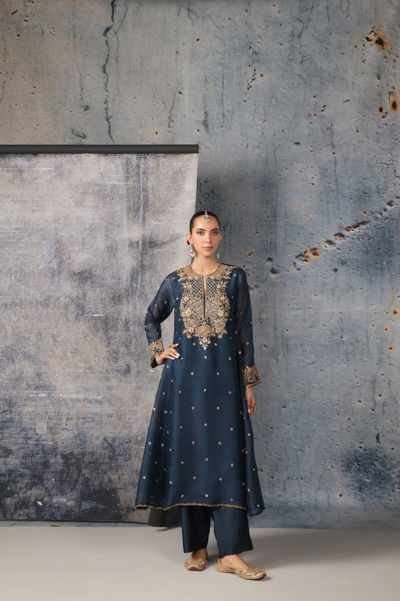Zar-Rang Blue Long Pheran Kurta Set organza, silk tencel kurta/kurta set by Niti Bothra in blue for women in Singapore