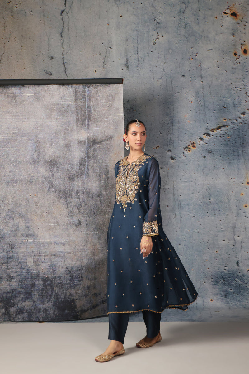 Zar-Rang Blue Long Pheran Kurta Set organza, silk tencel kurta/kurta set by Niti Bothra in blue for women in Singapore