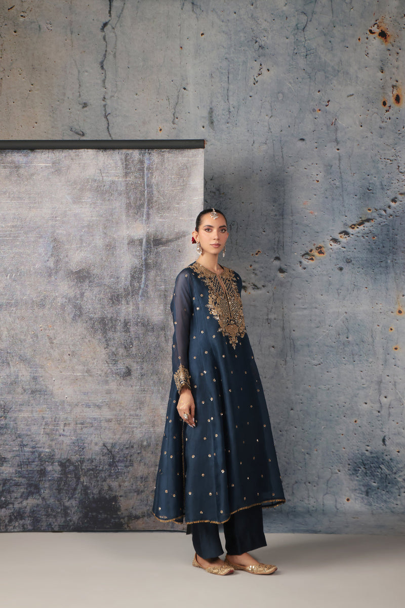 Zar-Rang Blue Long Pheran Kurta Set organza, silk tencel kurta/kurta set by Niti Bothra in blue for women in Singapore