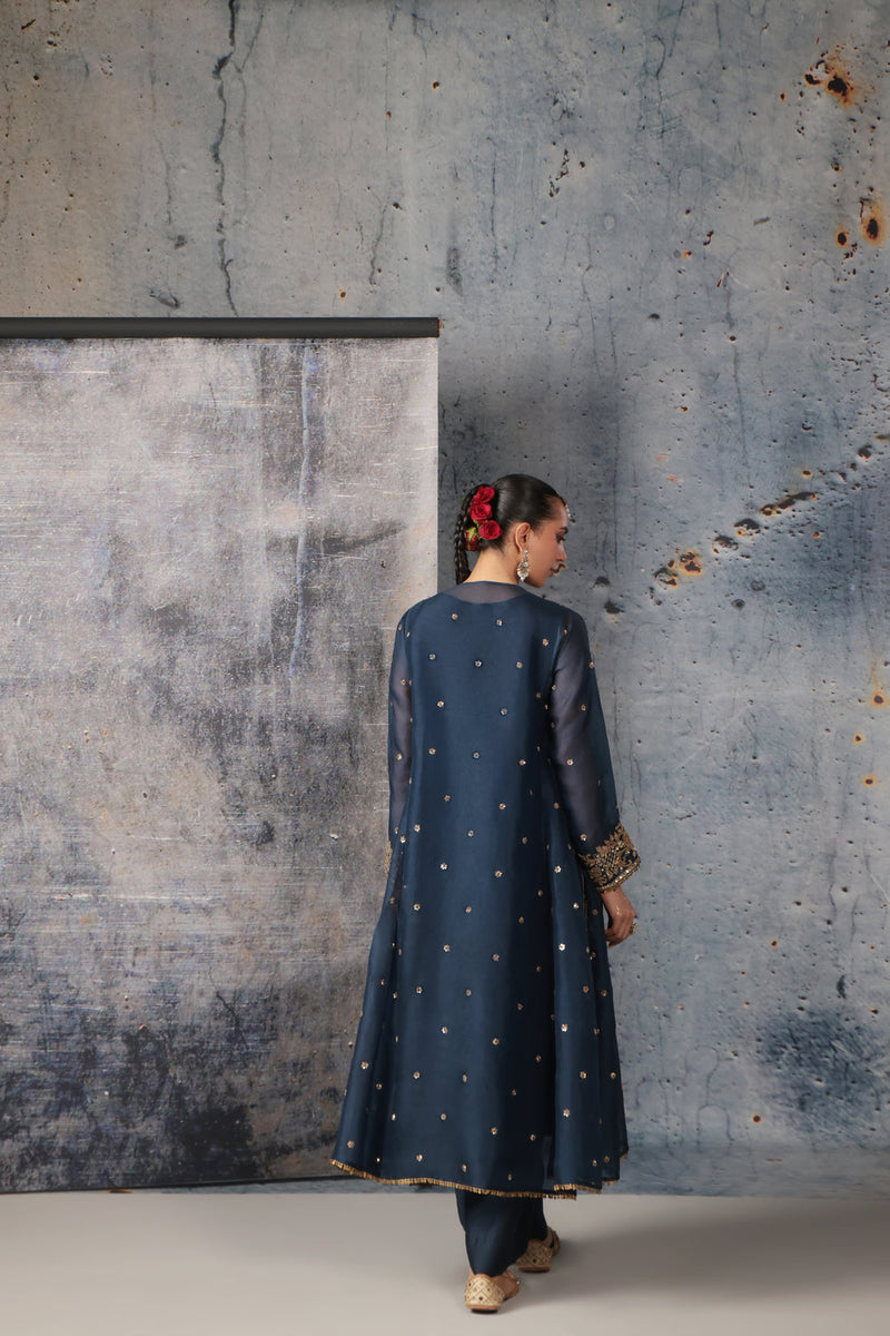 Zar-Rang Blue Long Pheran Kurta Set organza, silk tencel kurta/kurta set by Niti Bothra in blue for women in Singapore