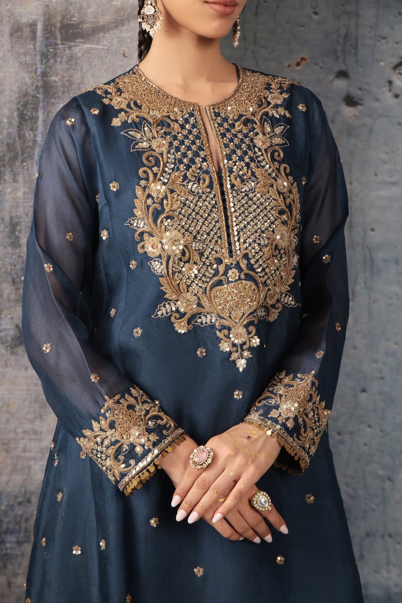 Zar-Rang Blue Long Pheran Kurta Set organza, silk tencel kurta/kurta set by Niti Bothra in blue for women in Singapore
