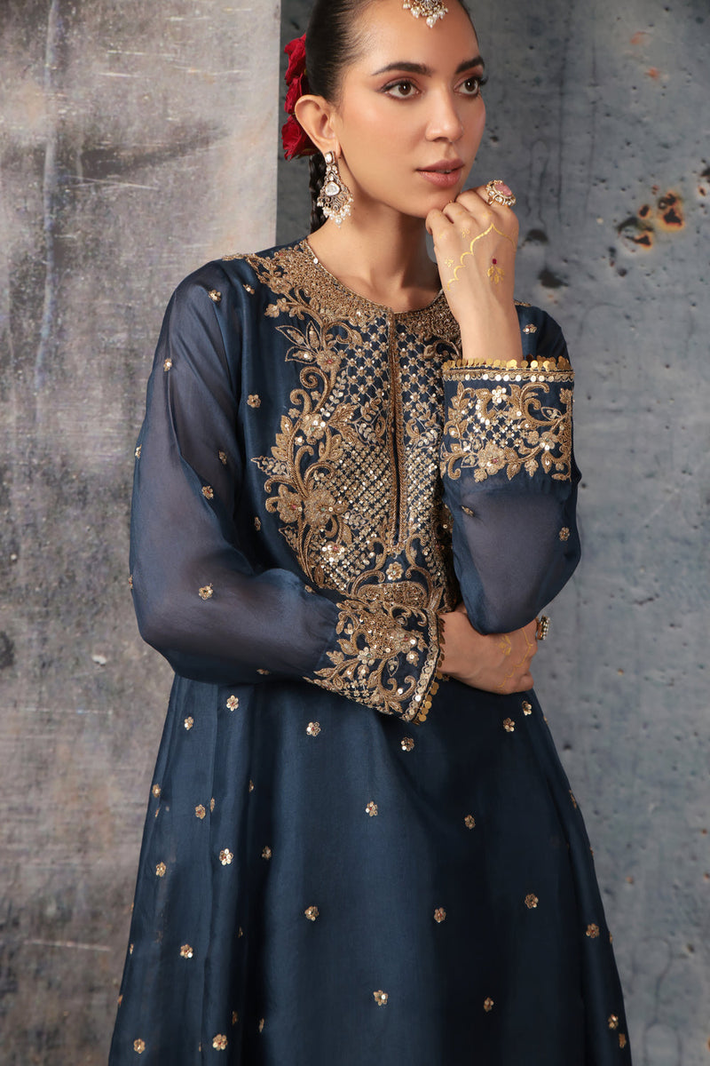 Zar-Rang Blue Long Pheran Kurta Set organza, silk tencel kurta/kurta set by Niti Bothra in blue for women in Singapore