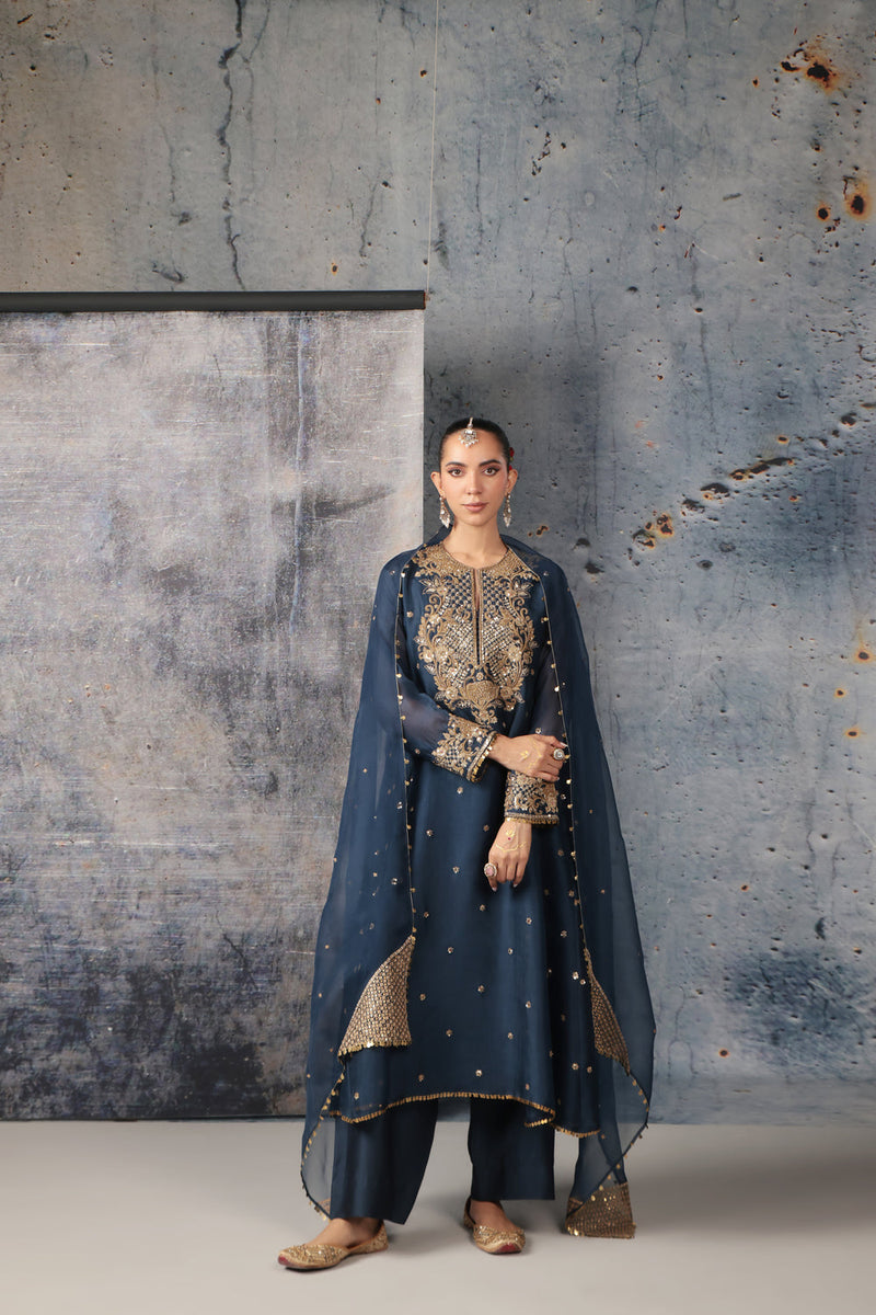 Zar-Rang Blue Long Pheran Kurta Set organza, silk tencel kurta/kurta set by Niti Bothra in blue for women in Singapore