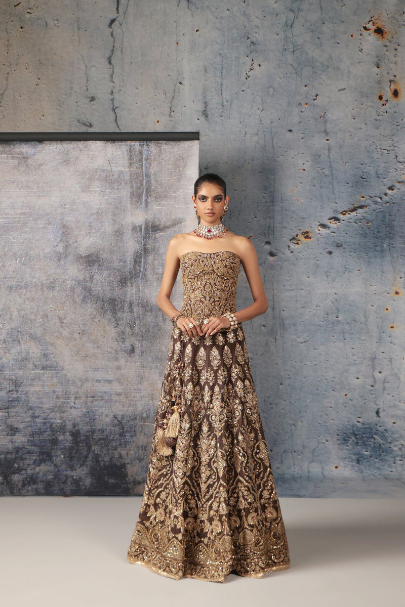 Zar-Rang Brown Corset Lehenga Set organza lehenga sets by Niti Bothra in brown for women in Singapore