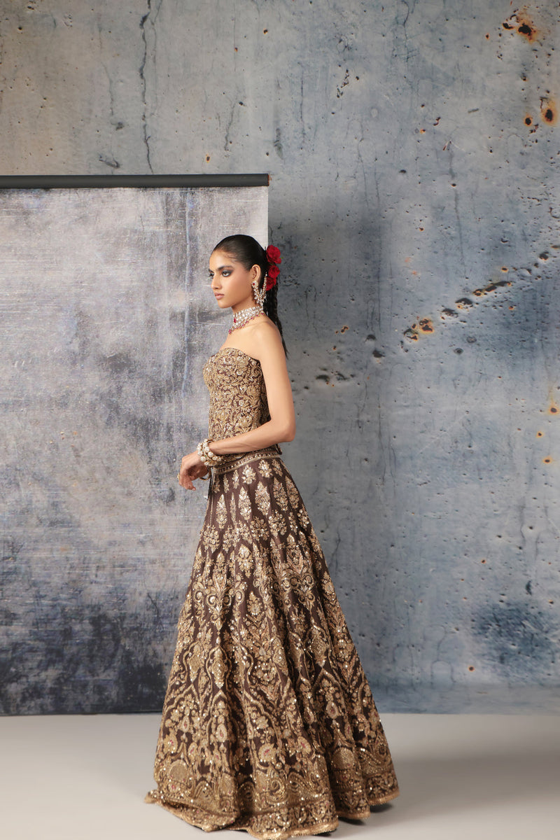 Zar-Rang Brown Corset Lehenga Set organza lehenga sets by Niti Bothra in brown for women in Singapore