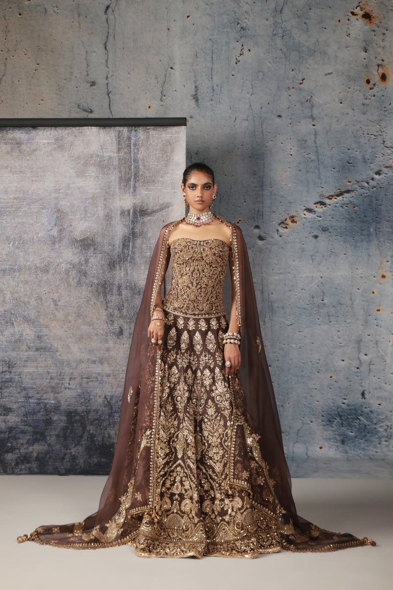 Zar-Rang Brown Corset Lehenga Set organza lehenga sets by Niti Bothra in brown for women in Singapore