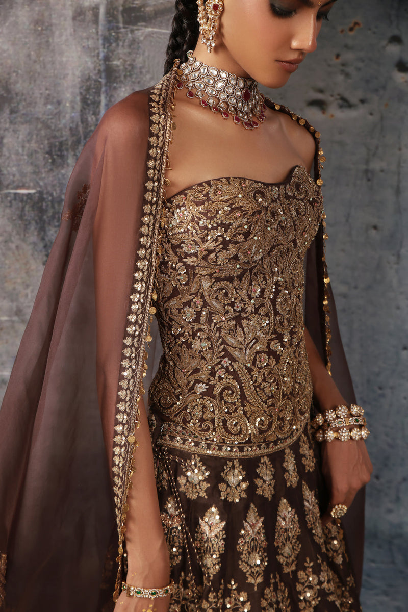 Zar-Rang Brown Corset Lehenga Set organza lehenga sets by Niti Bothra in brown for women in Singapore