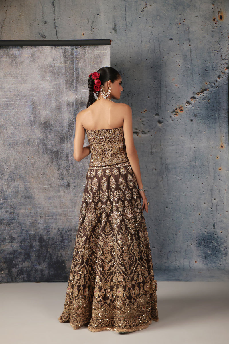 Zar-Rang Brown Corset Lehenga Set organza lehenga sets by Niti Bothra in brown for women in Singapore