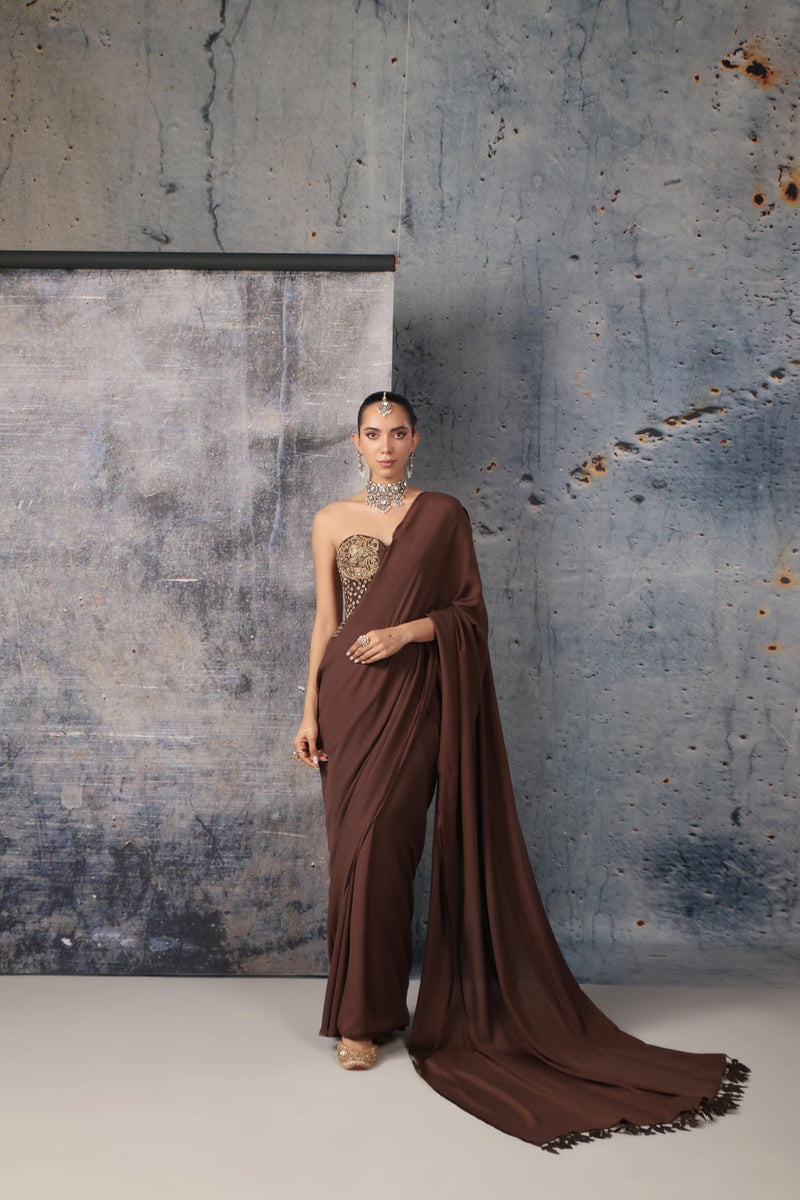 Zar-Rang Brown Corset Saree Set bemberg satin sarees by Niti Bothra in brown for women in Singapore