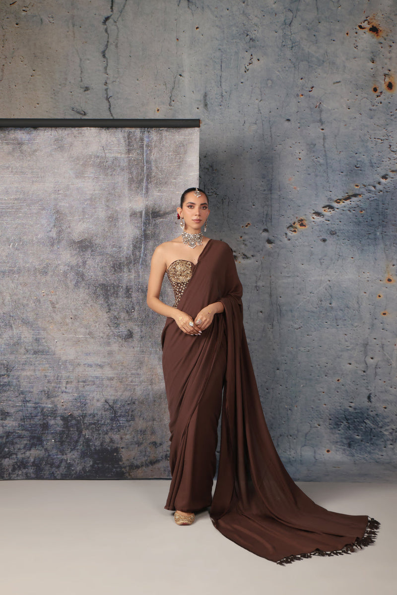 Zar-Rang Brown Corset Saree Set bemberg satin sarees by Niti Bothra in brown for women in Singapore