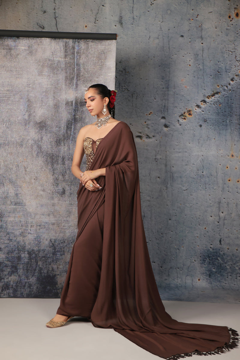 Zar-Rang Brown Corset Saree Set bemberg satin sarees by Niti Bothra in brown for women in Singapore