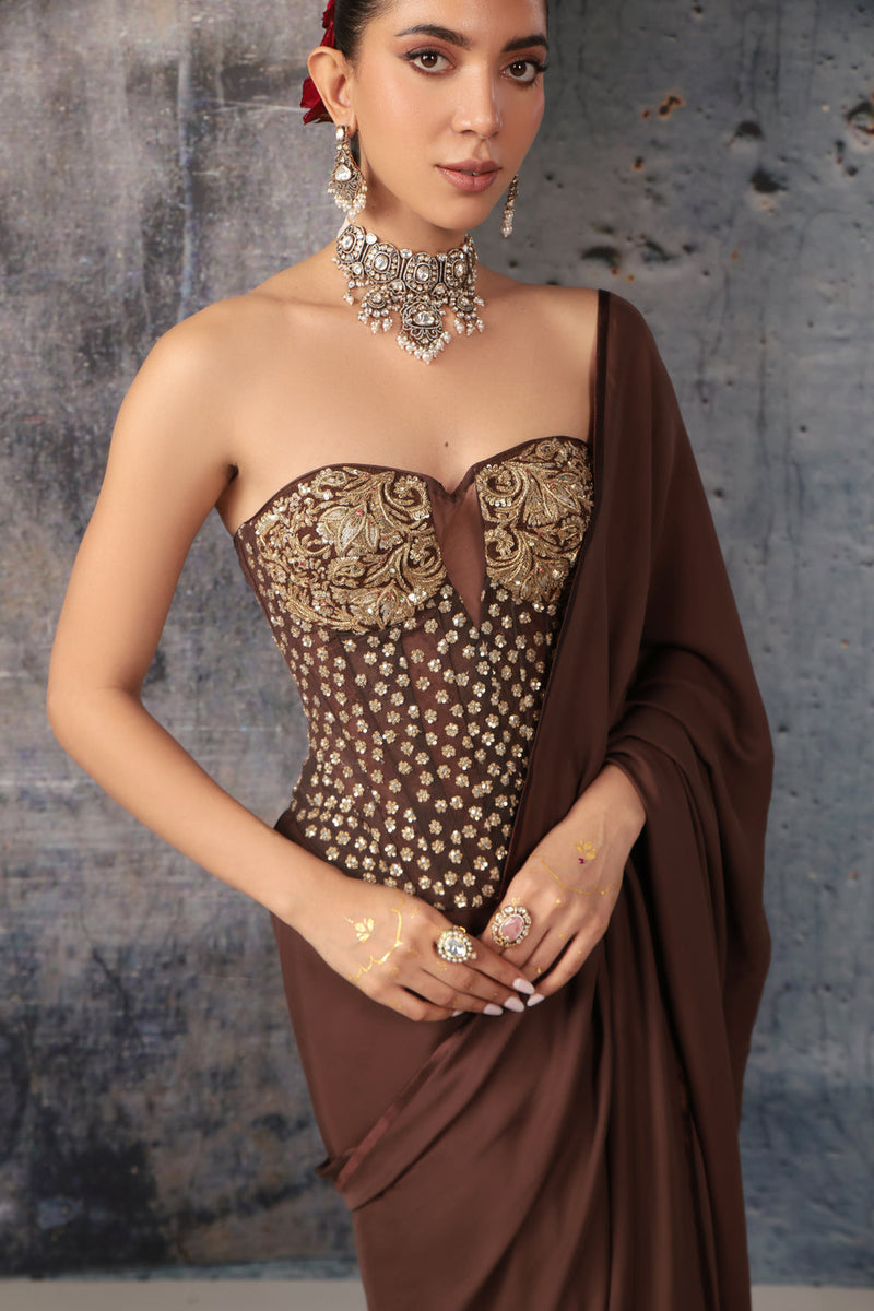 Zar-Rang Brown Corset Saree Set bemberg satin sarees by Niti Bothra in brown for women in Singapore