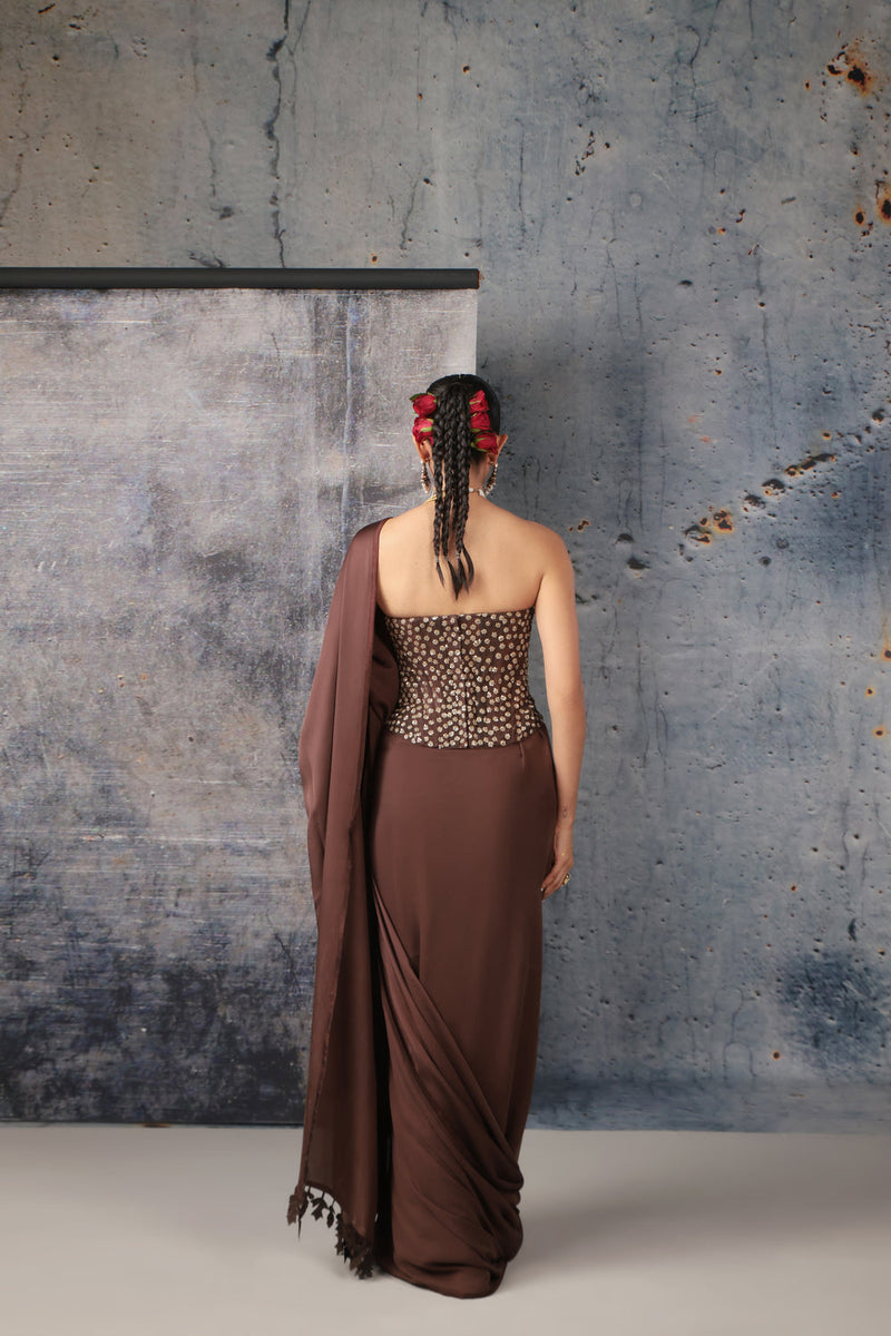 Zar-Rang Brown Corset Saree Set bemberg satin sarees by Niti Bothra in brown for women in Singapore