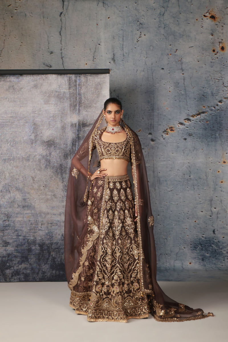 Zar-Rang Brown Jaal Lehenga Set organza Lehenga Set by Niti Bothra in brown for women in Singapore