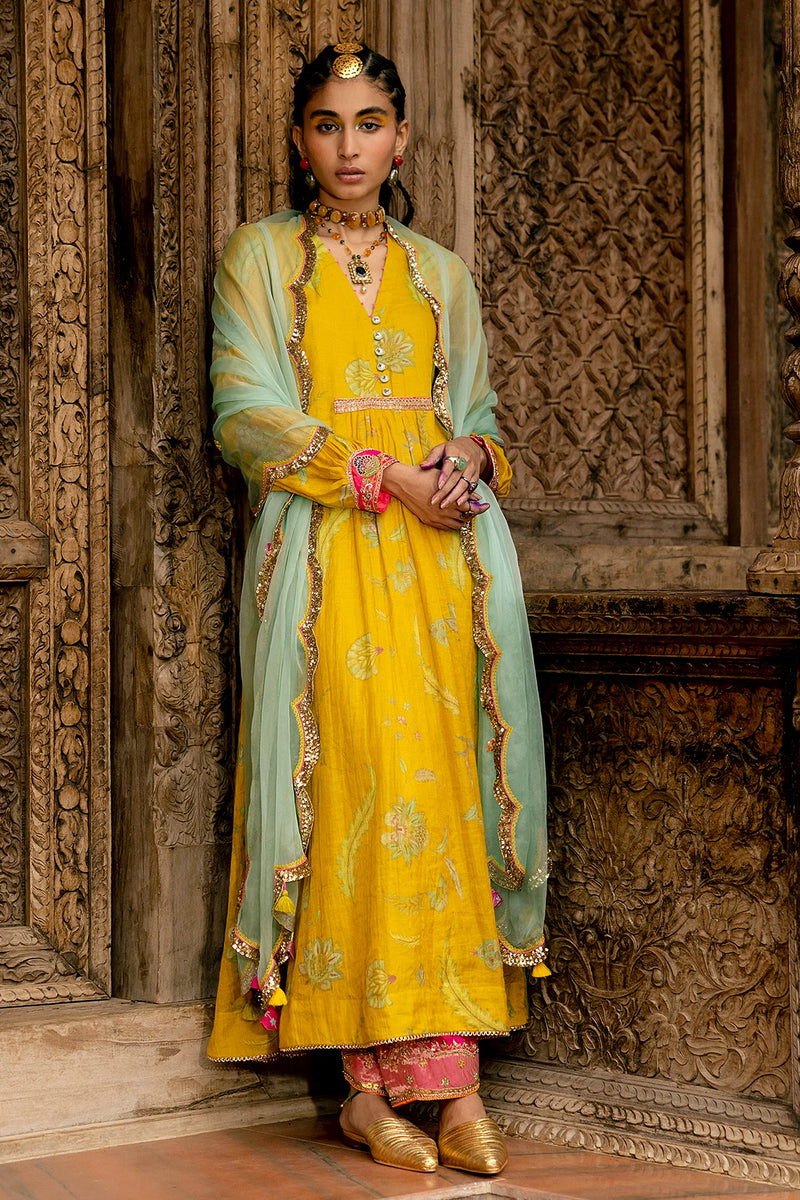 Fariba Lime Yellow Printed Back Yoke Kurta Set