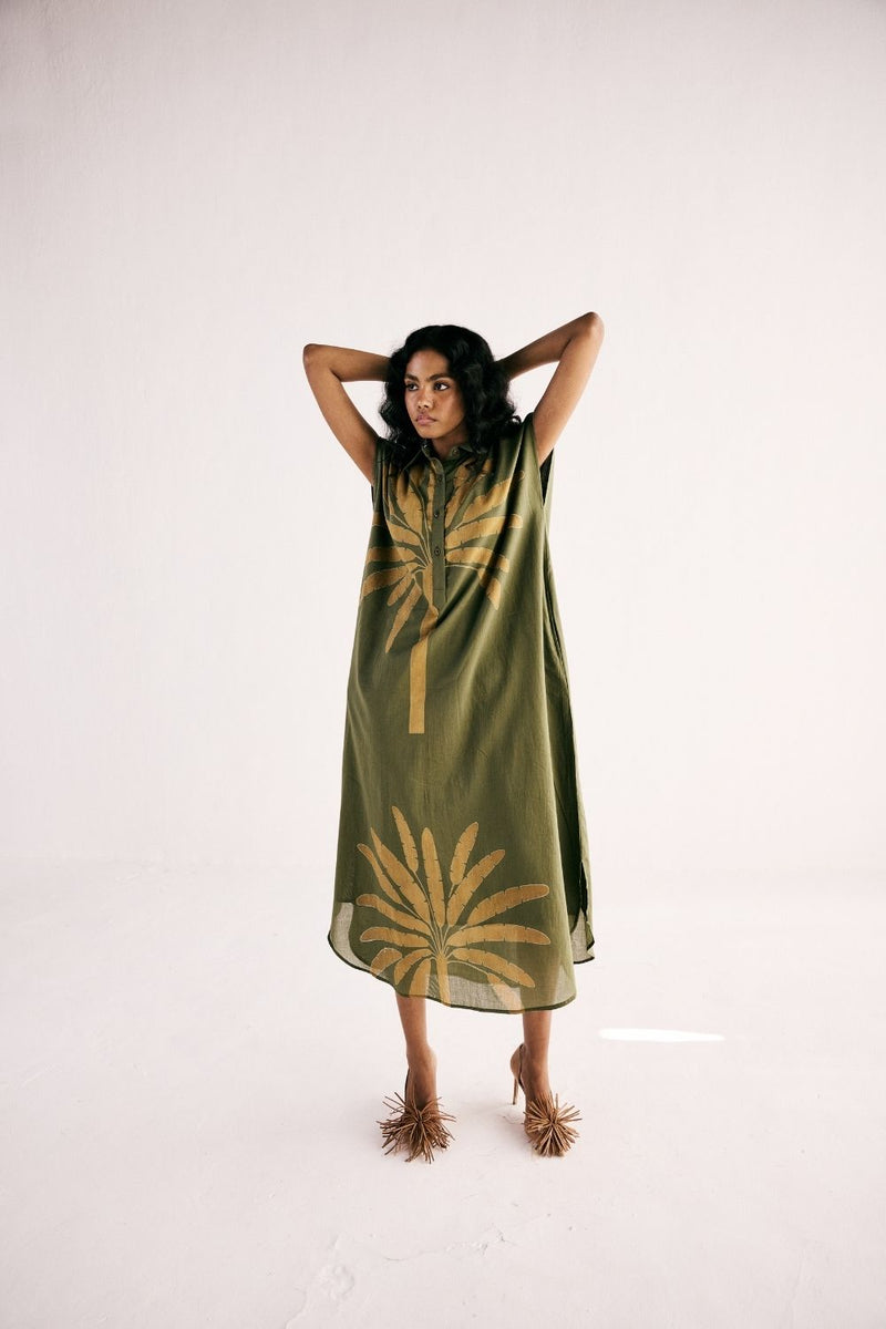 OLIVE PALM SHIRT DRESS cotton by Khara Kapas in green for women in Singapore