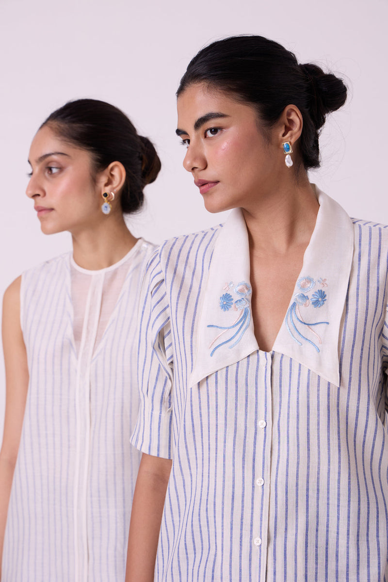 Kumo Striped Embroidered Handwoven Top handwoven cotton top/shirt by The Summer House in off white for women in Singapore