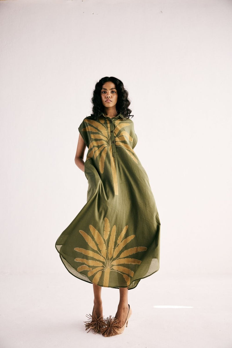 OLIVE PALM SHIRT DRESS cotton by Khara Kapas in green for women in Singapore