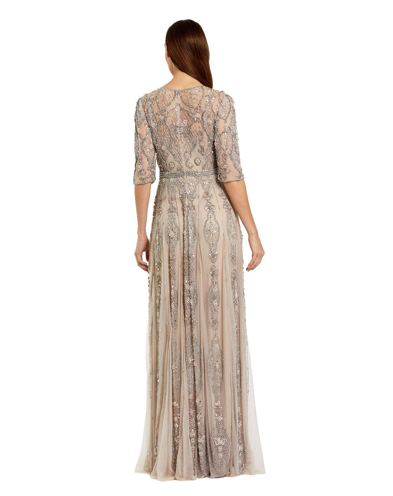 10115-Beige 3/4 Sleeve Embellished A-line Gown by Mac Duggal for women in Singapore