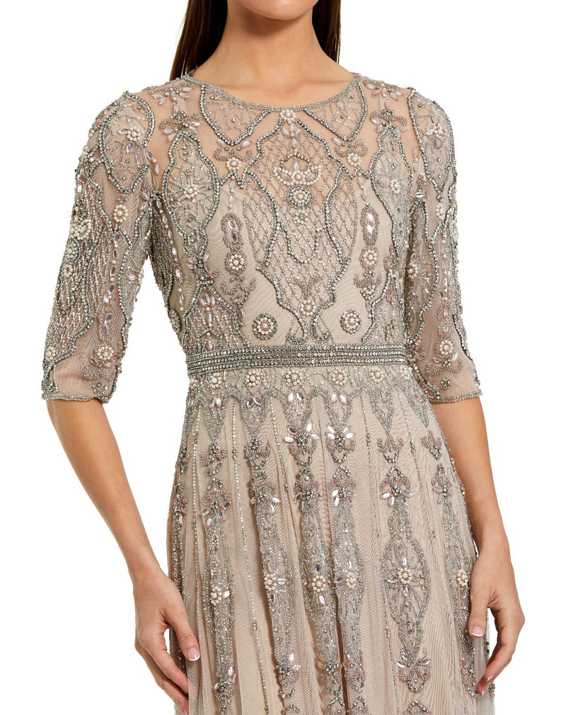 10115-Beige 3/4 Sleeve Embellished A-line Gown by Mac Duggal for women in Singapore