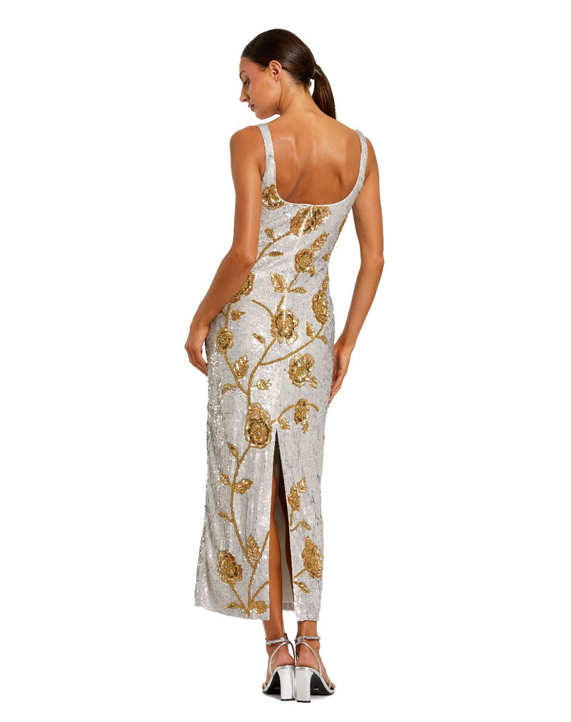 10119 - Silver Sleeveless Sequin Dress With Gold Floral Detail by Mac Duggal in silver color for women in Singapore