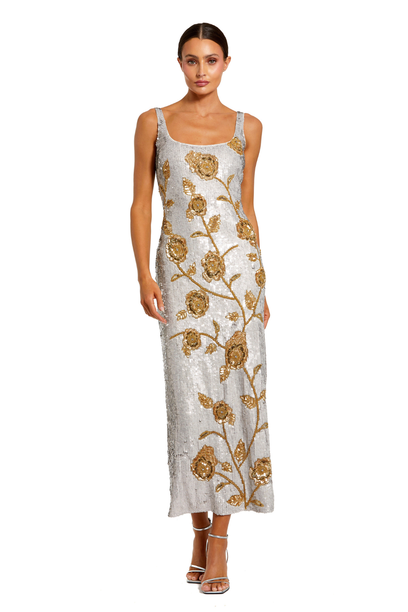 10119 - Silver Sleeveless Sequin Dress With Gold Floral Detail by Mac Duggal in silver color for women in Singapore