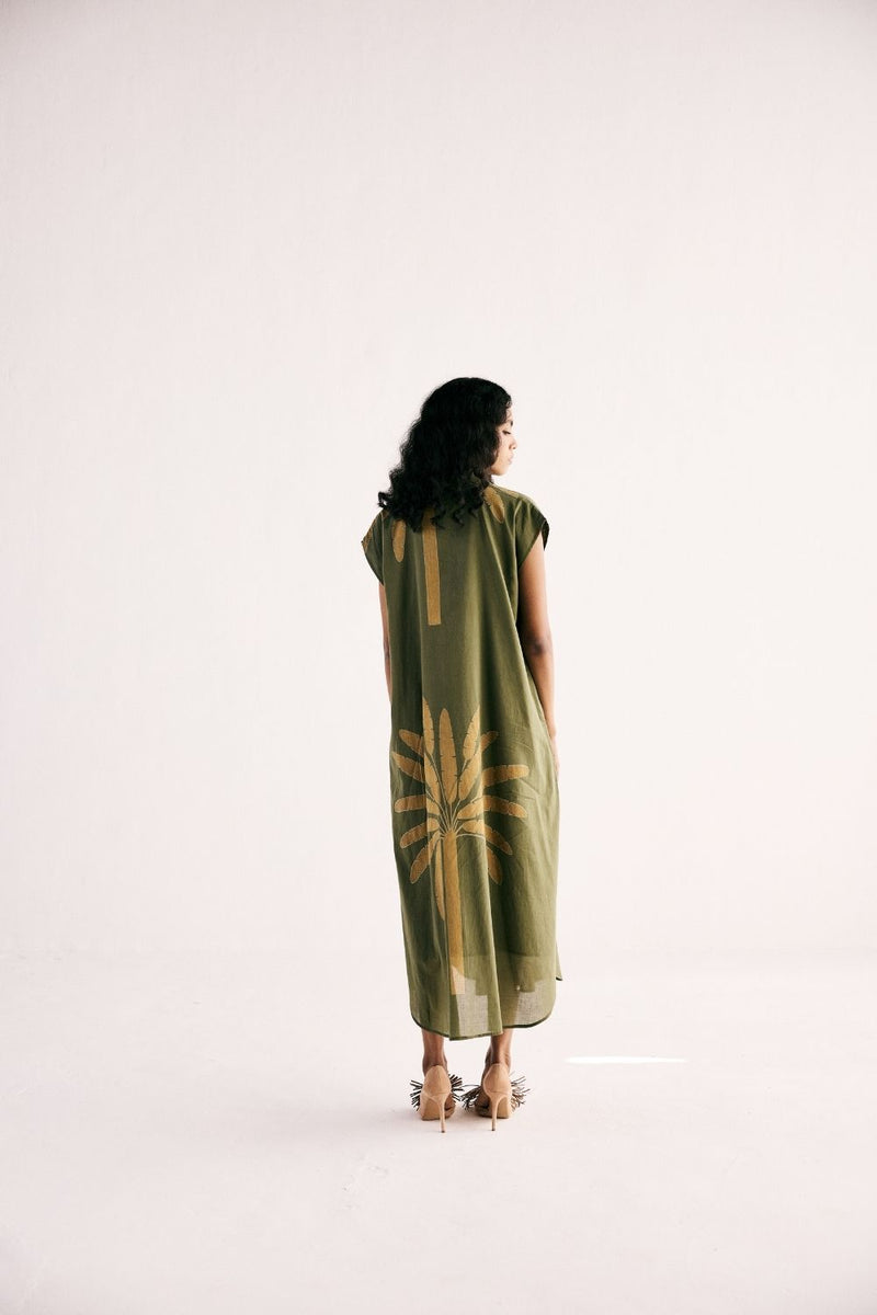 OLIVE PALM SHIRT DRESS cotton by Khara Kapas in green for women in Singapore