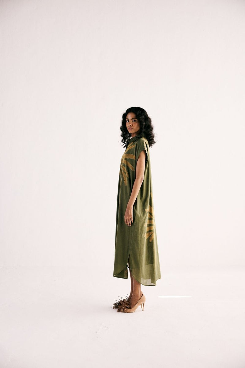 OLIVE PALM SHIRT DRESS cotton by Khara Kapas in green for women in Singapore