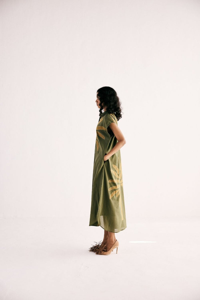 OLIVE PALM SHIRT DRESS cotton by Khara Kapas in green for women in Singapore