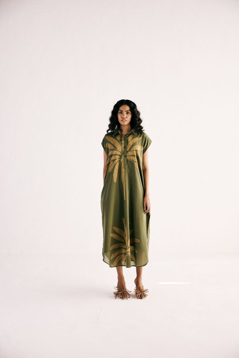 OLIVE PALM SHIRT DRESS cotton by Khara Kapas in green for women in Singapore
