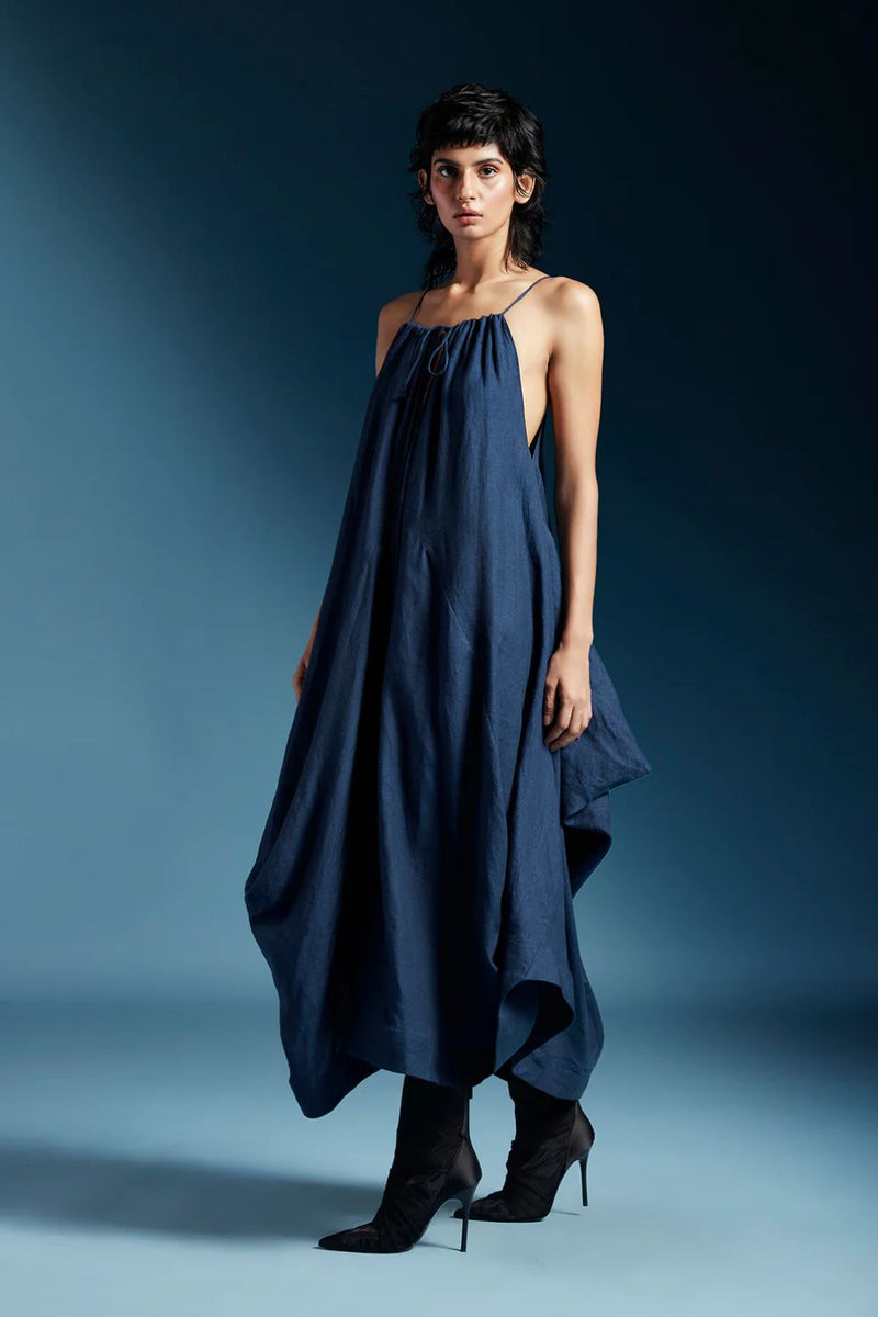 Ilaria Dress-Midnight Blue linen by Chola in blue color for women in Singapore