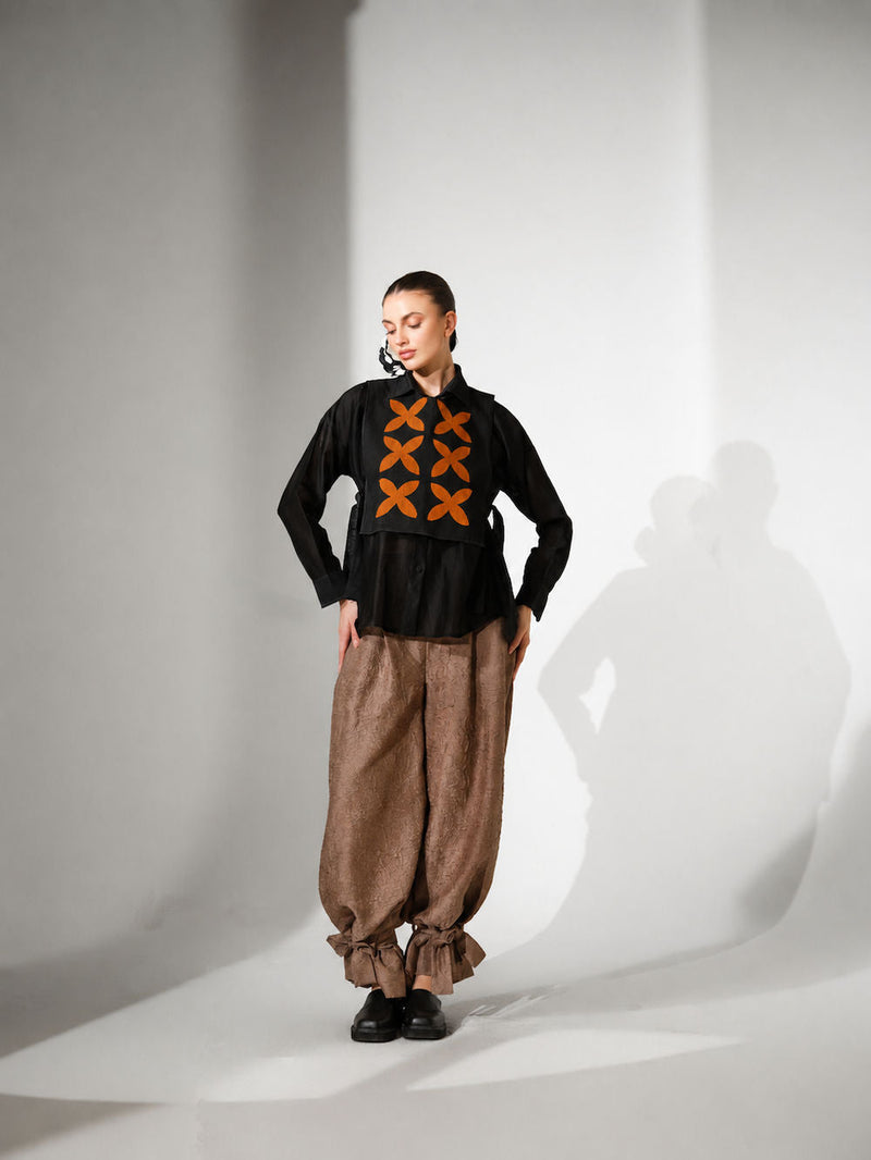 Pebble Shirt-Black + Ochre silk chanderi top/shirt by Stoique in black, ochre for women in Singapore
