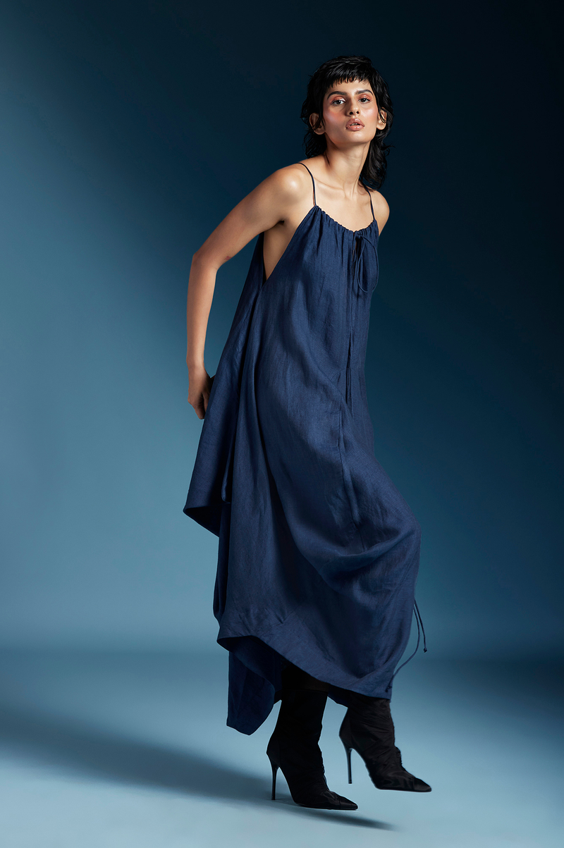 Ilaria Dress-Midnight Blue linen by Chola in blue color for women in Singapore