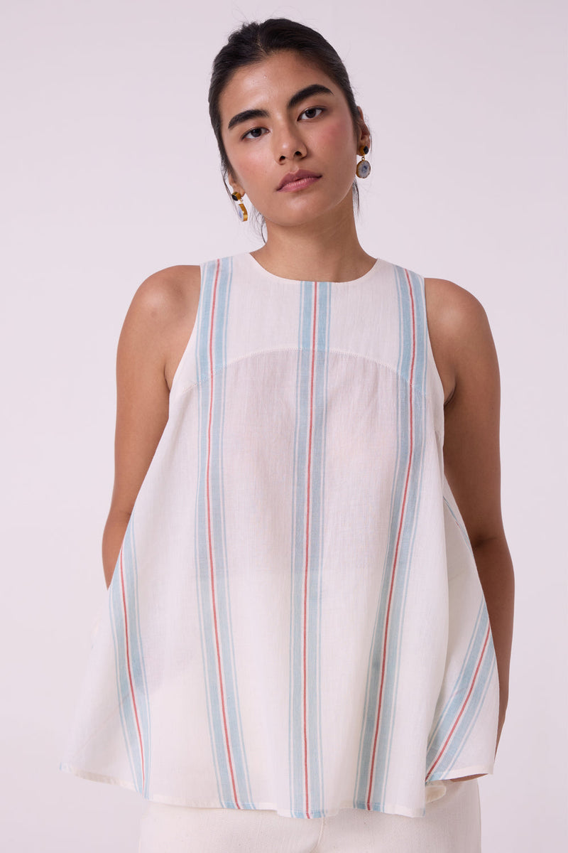 Mizu Striped Handwoven Tent Top handwoven cotton top/shirt by The Summer House in off white for women in Singapore