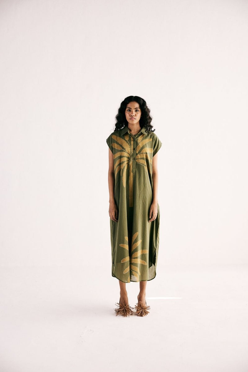OLIVE PALM SHIRT DRESS cotton by Khara Kapas in green for women in Singapore