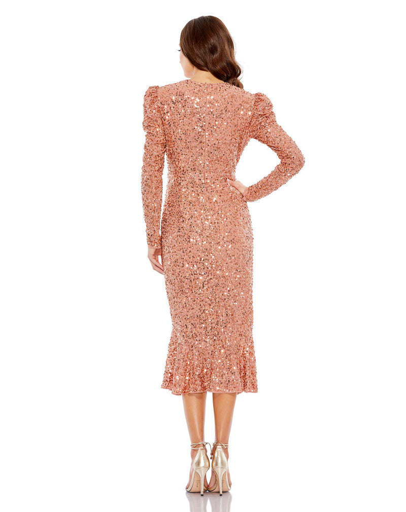 10865-SEQUINED LONG SLEEVE HIGH NECK TRUMPET DRESS by Mac Duggal for women in Singapore