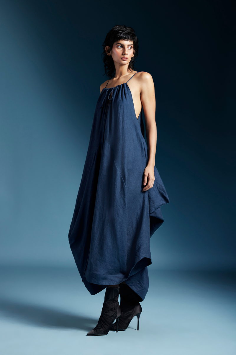 Ilaria Dress-Midnight Blue linen by Chola in blue color for women in Singapore
