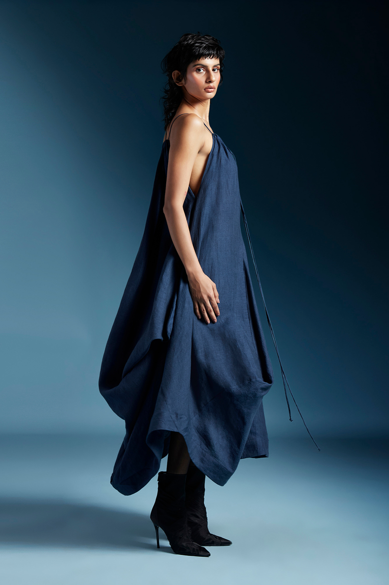 Ilaria Dress-Midnight Blue linen by Chola in blue color for women in Singapore