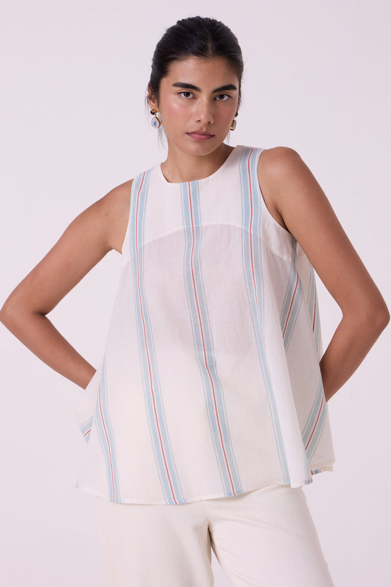 Mizu Striped Handwoven Tent Top handwoven cotton top/shirt by The Summer House in off white for women in Singapore