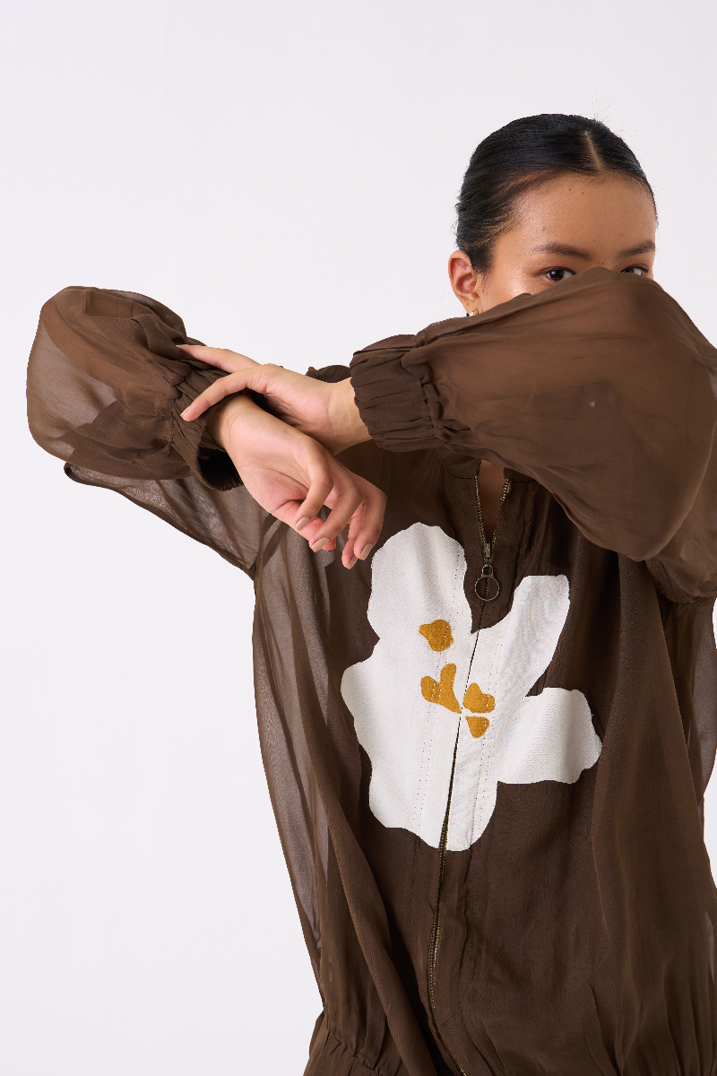 FLORAL APPLIQUE BOMBER JACKET-DARK OLIVE organza by THREE in olive color for women in Singapore