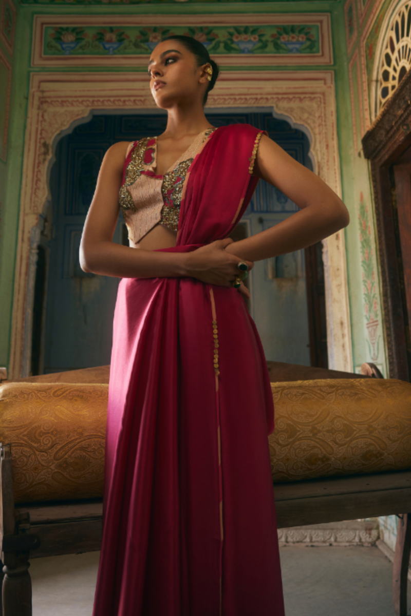 Khel Ruby Red Saree satin by Rajiramniq in red color for women in Singapore