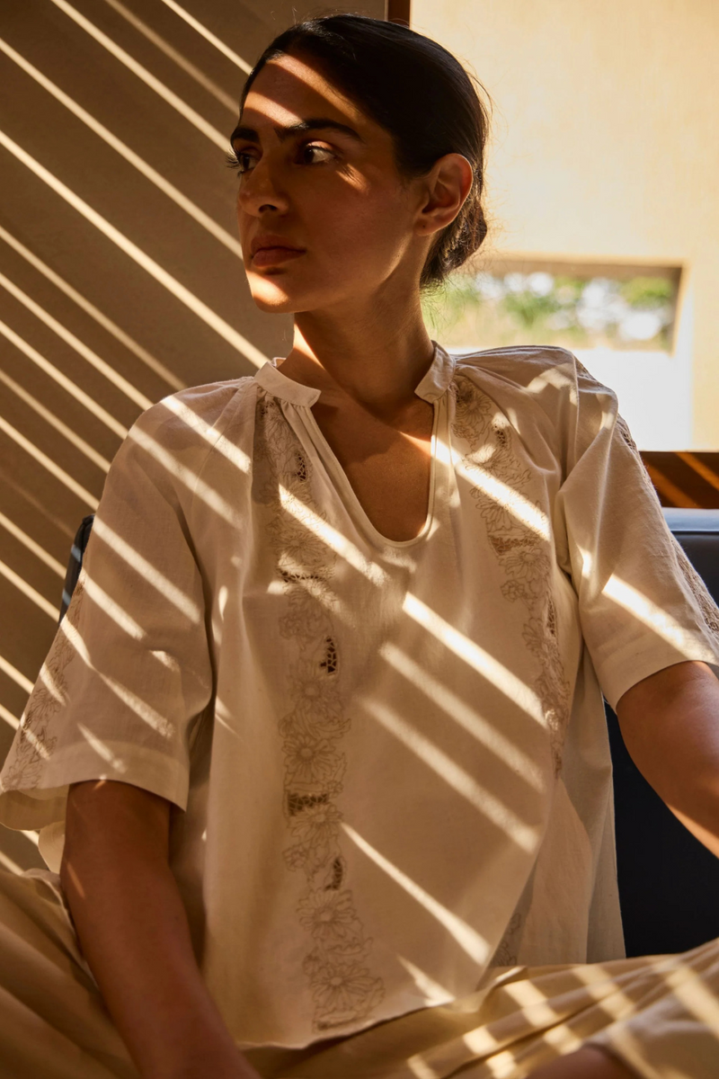 Bheer Handwoven Embroidered Top cotton by The Summer House in white color for women in Singapore